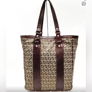 Fendi Brown and Tan SIGNATURE LOGO Canvas Tote Bag